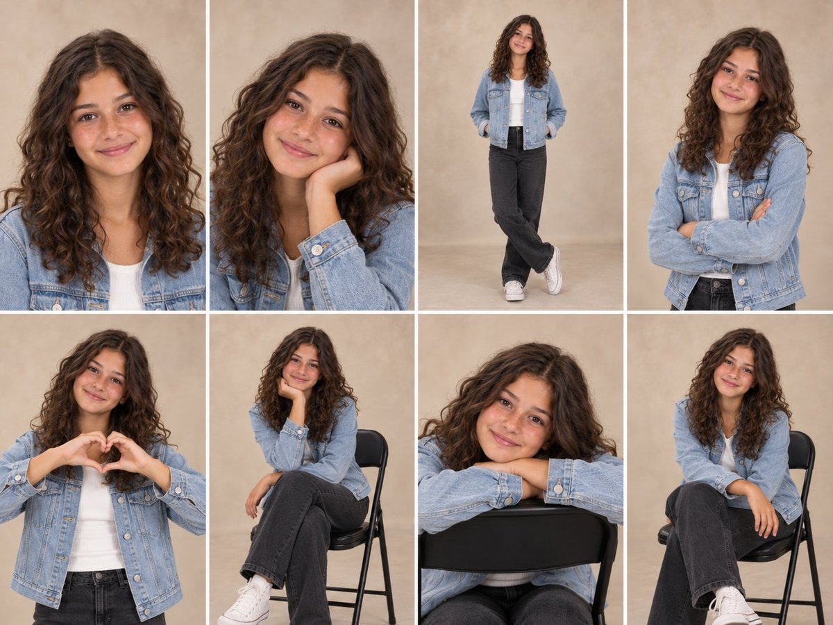 Grid of 8 portraits of a woman with long curly dark hair wearing a light blue denim jacket in various poses and angles against a neutral background