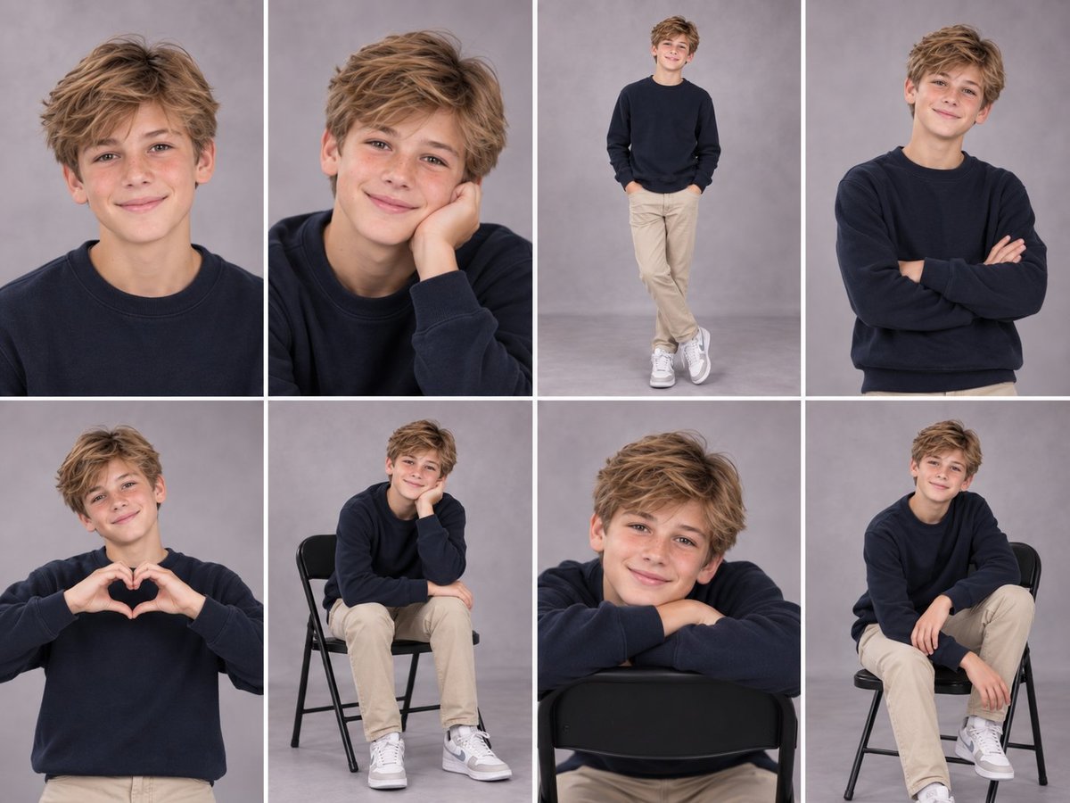 Grid of 8 headshots and full-body portraits of a young boy in dark clothing against a gray background in various poses