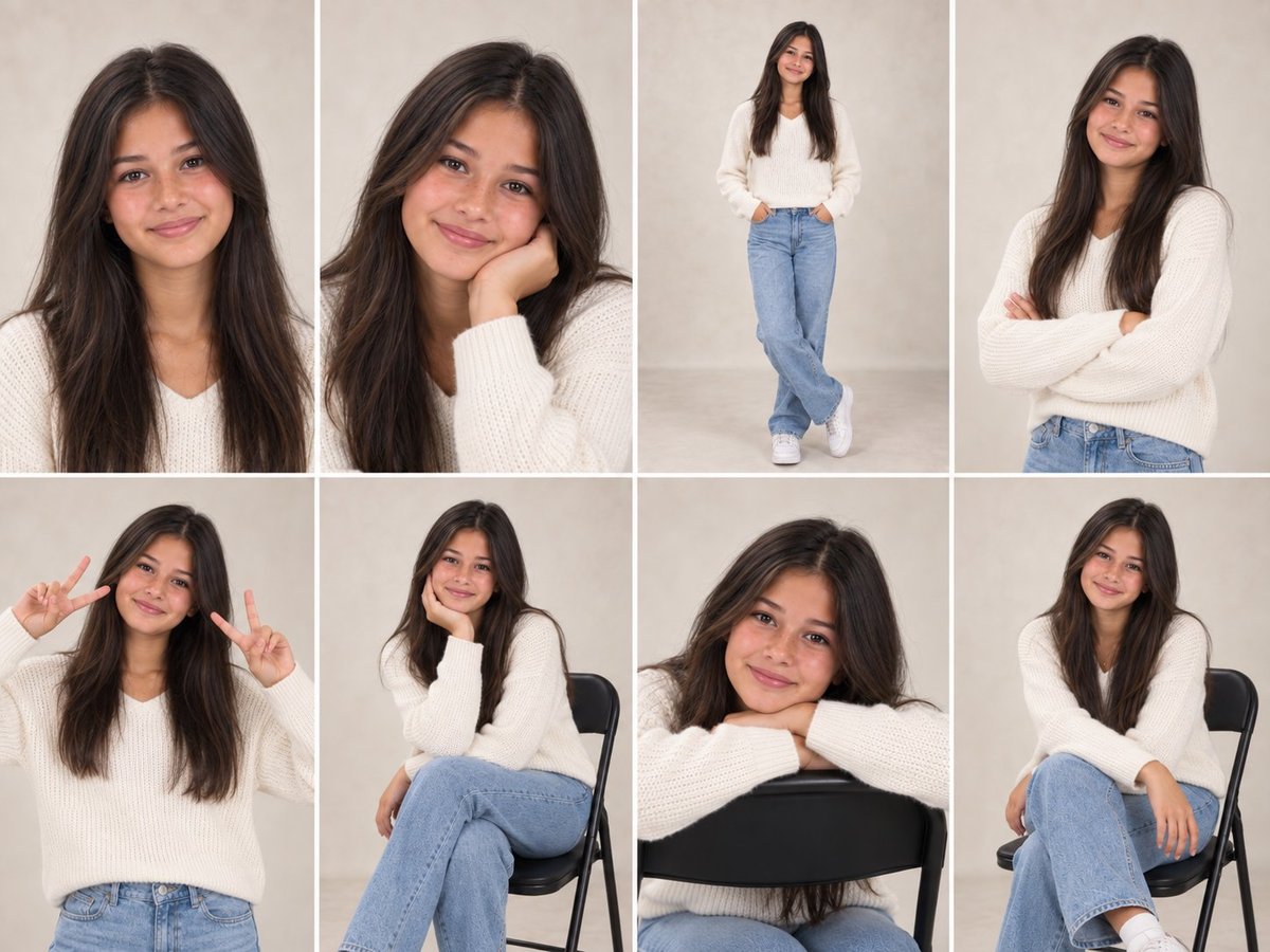 Composite photo grid showing a woman with long dark hair in eight different poses wearing white tops and blue jeans against neutral backgrounds