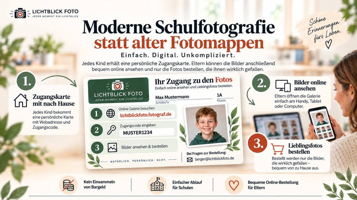 Infographic about modern school photography showing digital alternatives to traditional photo maps, with step-by-step process and Lichtblick Foto logo