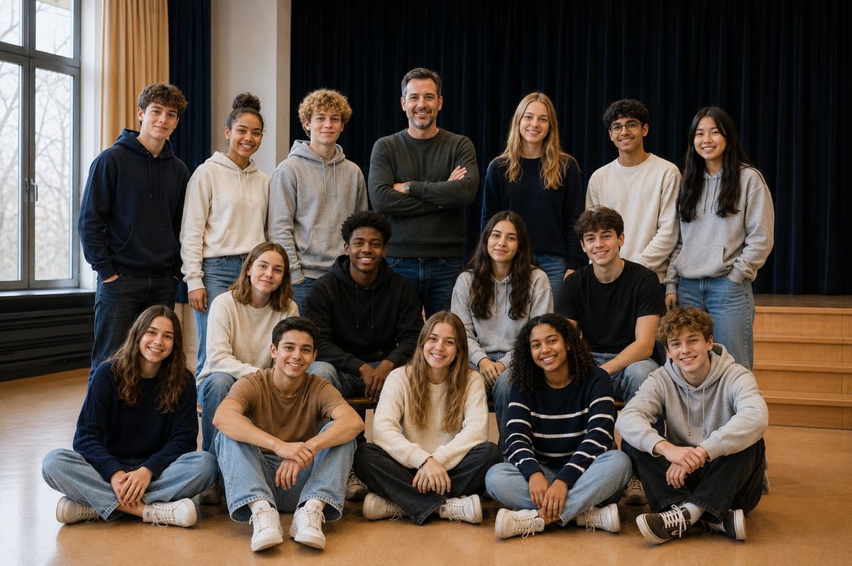 Group of diverse young adults posing together in three rows on a wooden stage with black curtains in the background