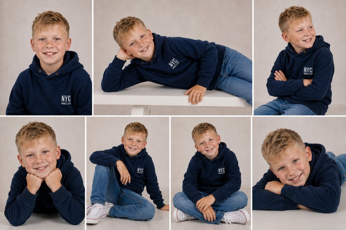 Collage of seven portrait photos of a young boy in different poses wearing a dark navy NYC hoodie