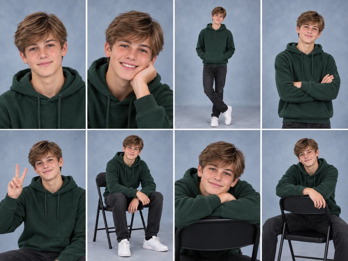Young man in green hoodie posing in eight different positions and expressions against blue background
