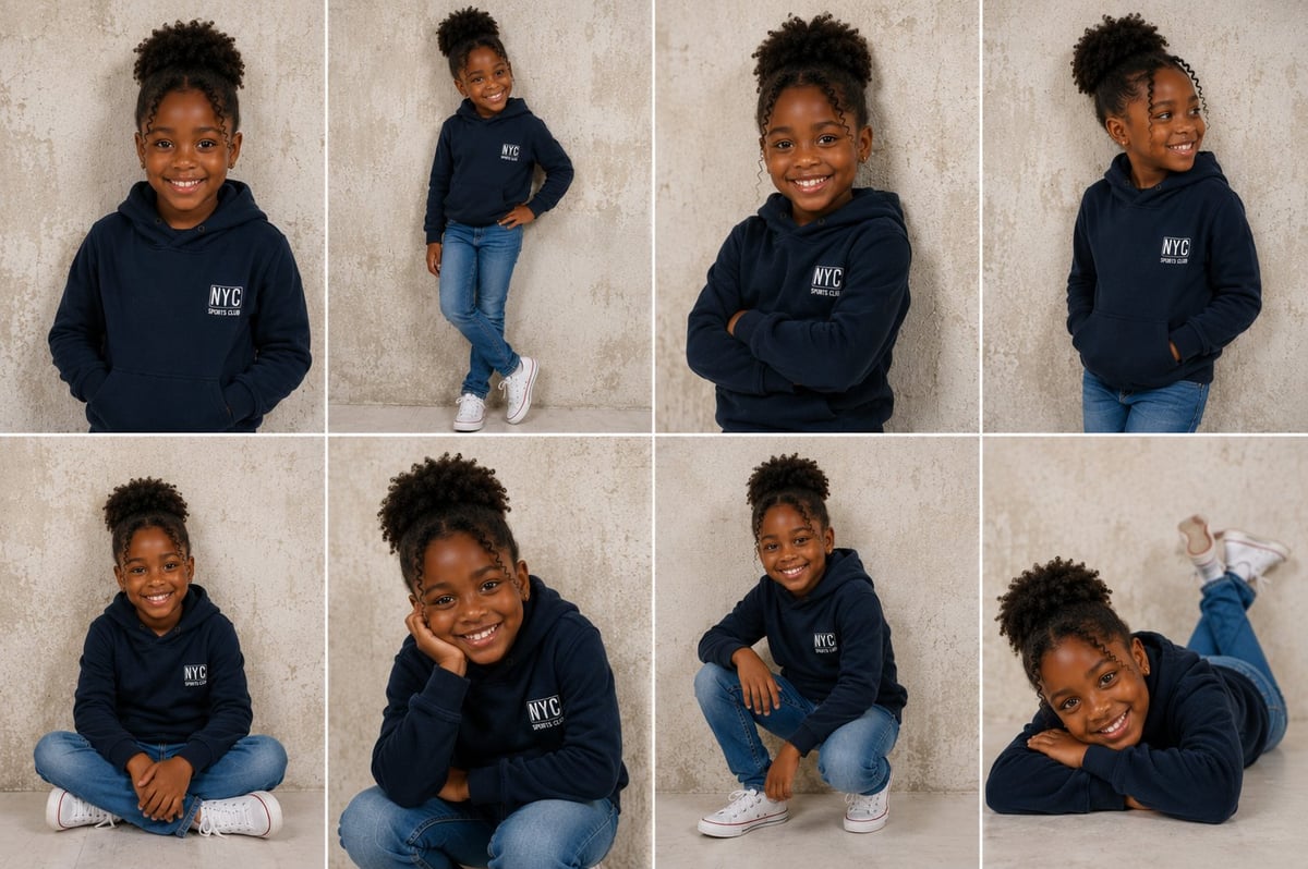 Grid of eight photos showing a young child in a dark hoodie posing in various positions against a white wall