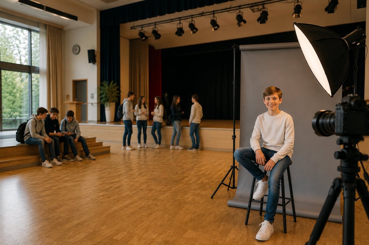 Young person sitting on stool during photo shoot in studio with film crew and students watching in background