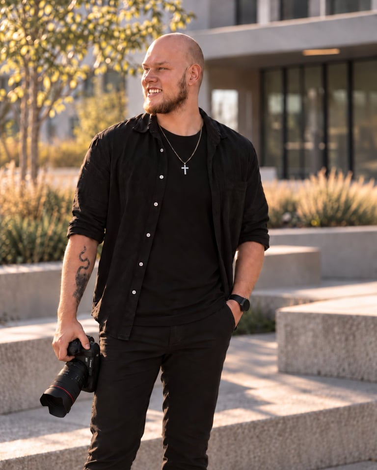 Bald man in black outfit holding camera, wearing cross necklace, standing in modern urban courtyard with buildings and golden trees