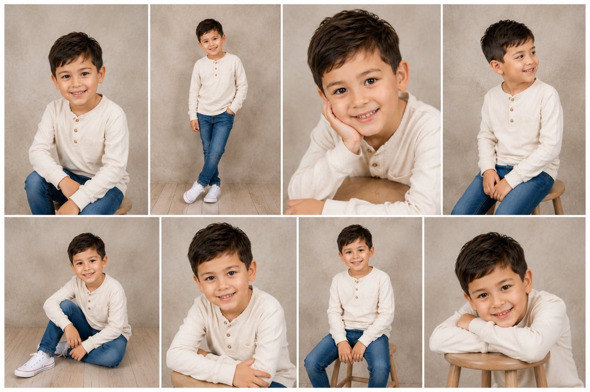 Collage of eight portraits of a young boy in a white henley shirt and blue jeans in various poses
