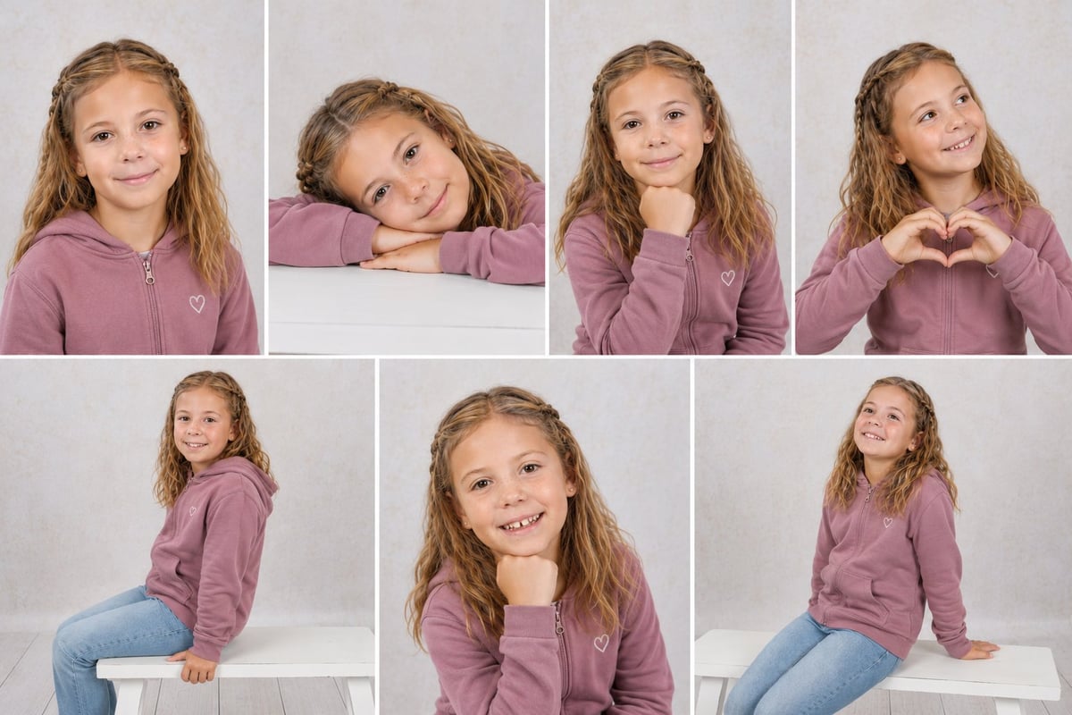 Composite photo grid showing a young girl in a mauve hoodie and jeans in seven different poses and expressions against a white background