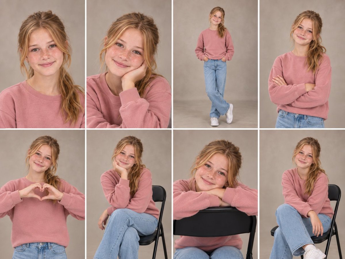 Grid of 8 portrait photos showing a young blonde girl in a pink sweater and jeans in various poses and expressions against a gray background