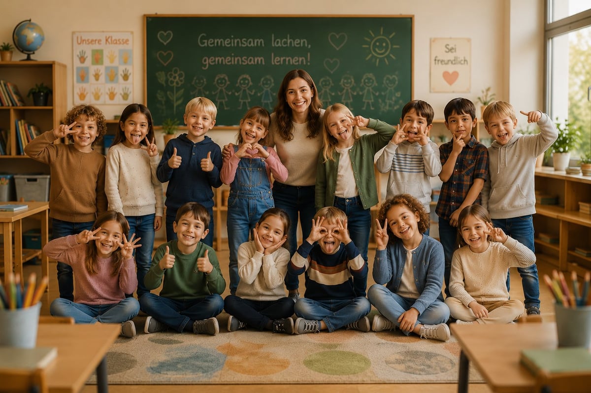 Teacher with diverse group of elementary school children posing together in classroom with chalkboard and globe