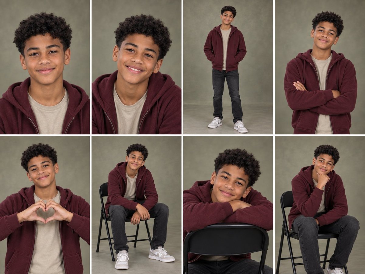Composite photo grid of a teenage boy in a maroon cardigan over a white shirt posing in various positions and angles against a gray background