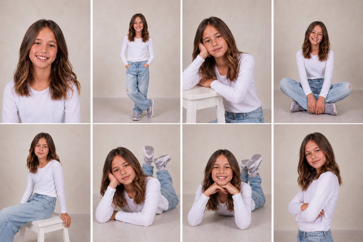 Grid of 8 portrait photos of a young woman in casual white and blue clothing, posing in different positions and expressions against a neutral beige background