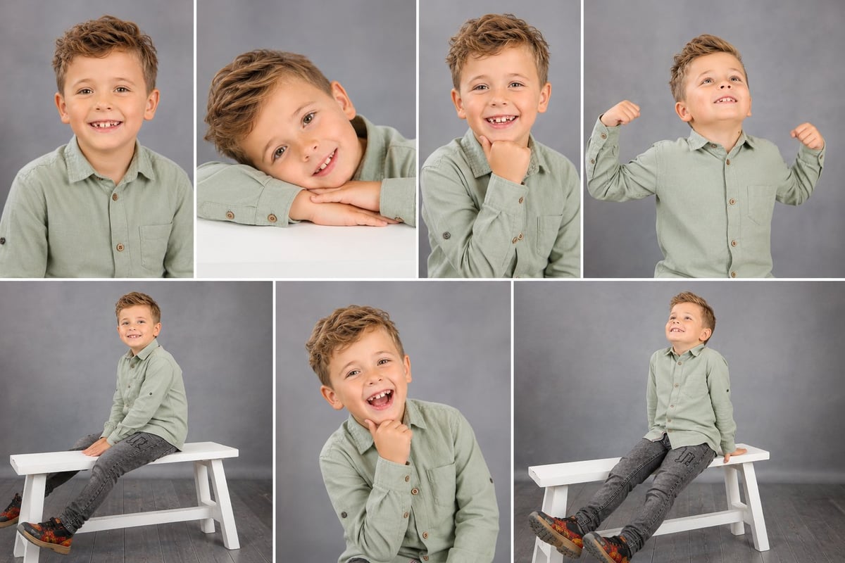 Collage of seven headshots and candid photos of a young boy in a light green button-up shirt showing various expressions and poses