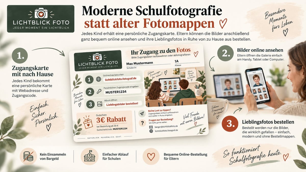 German infographic showing modern school photography services with numbered steps, pricing, and booking process from Lichtblick Foto